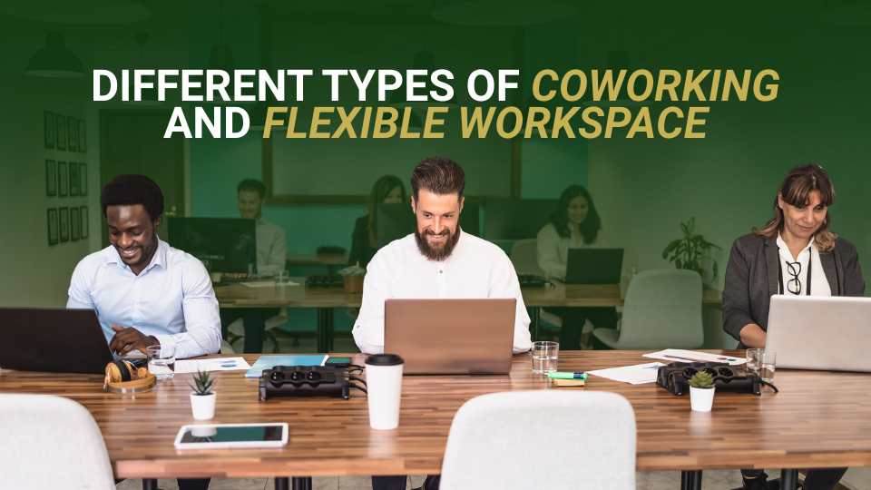 Barrister Suites Office Lease Three people work on laptops at a shared desk in a modern office with others in the background. The text reads: Different types of coworking and flexible workspace..