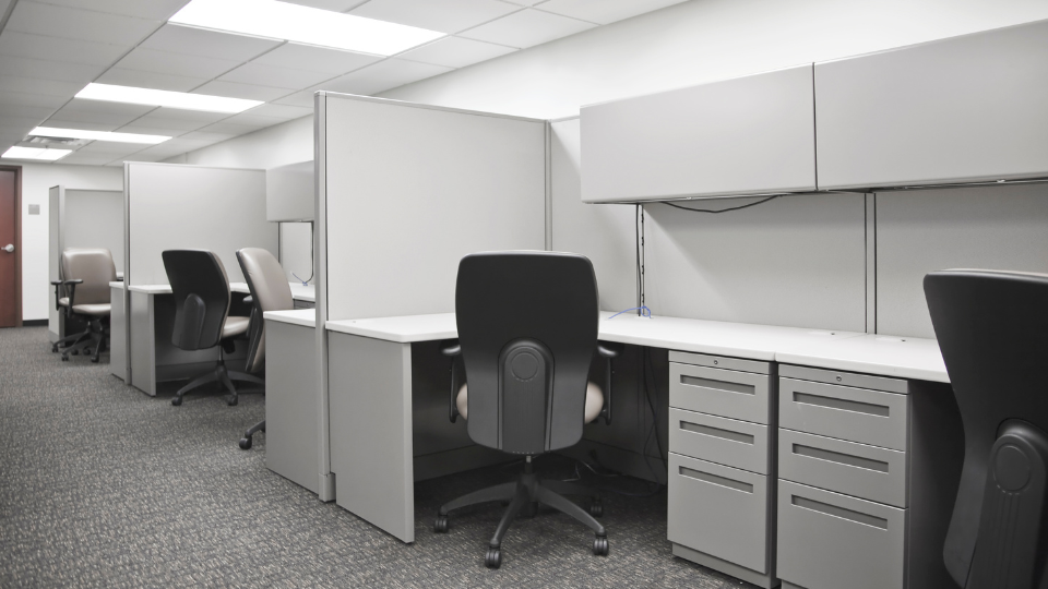 Barrister Suites Office Lease A row of empty gray office cubicles with swivel chairs and overhead cabinets in a brightly lit room with carpeted floor and white ceiling.