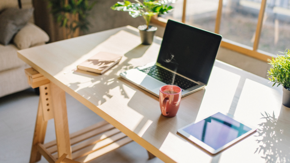 Barrister Suites Office Lease A sunlit desk with a laptop, red mug, tablet, notebooks, and potted plants beside a bright window. The scene suggests a cozy, organized home office or workspace.