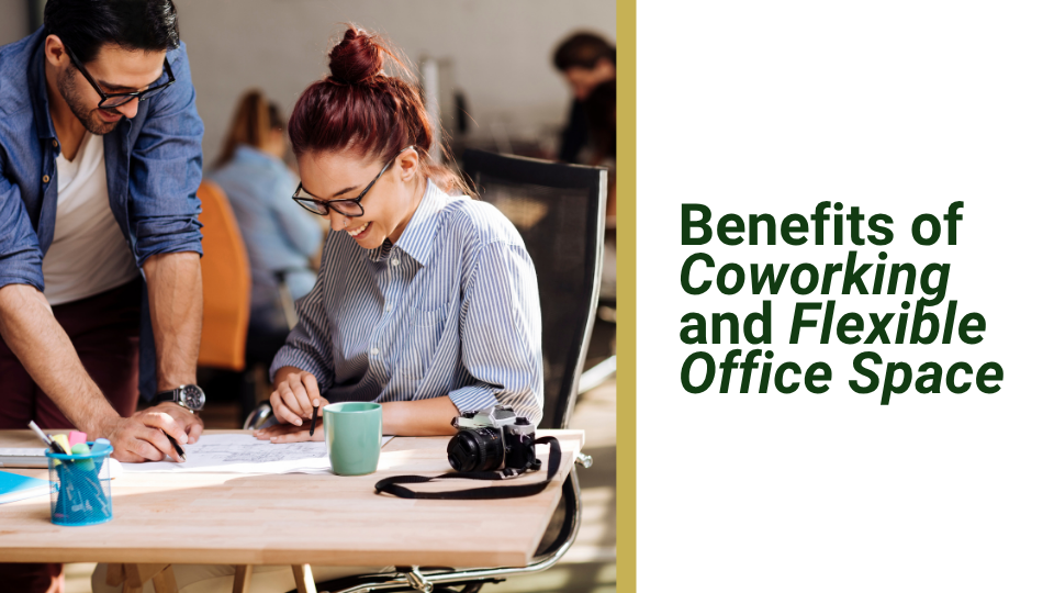 Barrister Suites Office Lease Two people smiling and working together at a desk with papers, a camera, and a coffee mug. Text on the right reads: Benefits of Coworking and Flexible Office Space..
