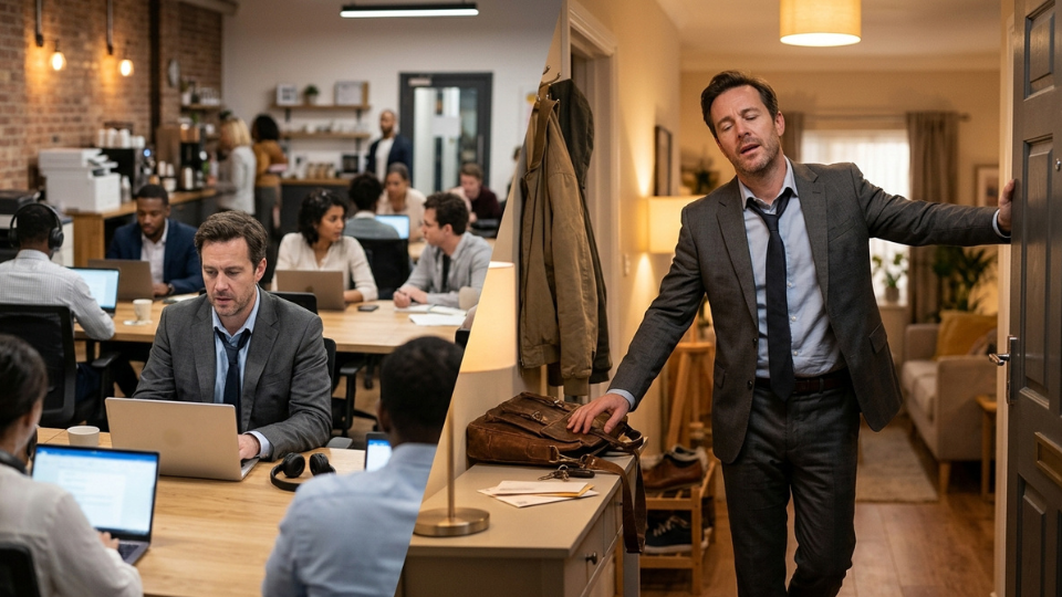 Barrister Suites Office Lease A man in a suit works at a busy office desk, then arrives home looking tired, loosening his tie as he enters through the front door.