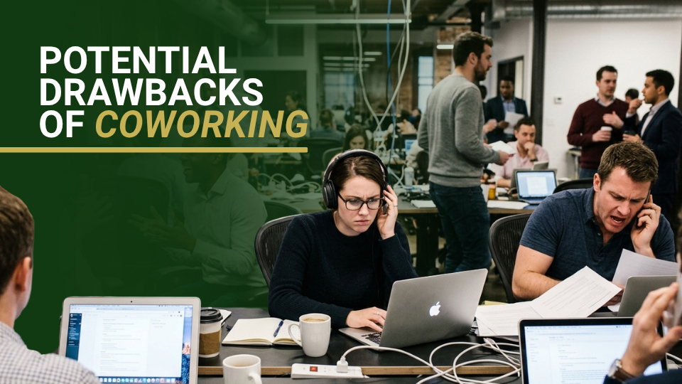 Barrister Suites Office Lease Busy coworking space with people working on laptops; one woman wears headphones and looks stressed, a man beside her talks urgently on the phone. Text on left reads Potential Drawbacks of Coworking on a green background.
