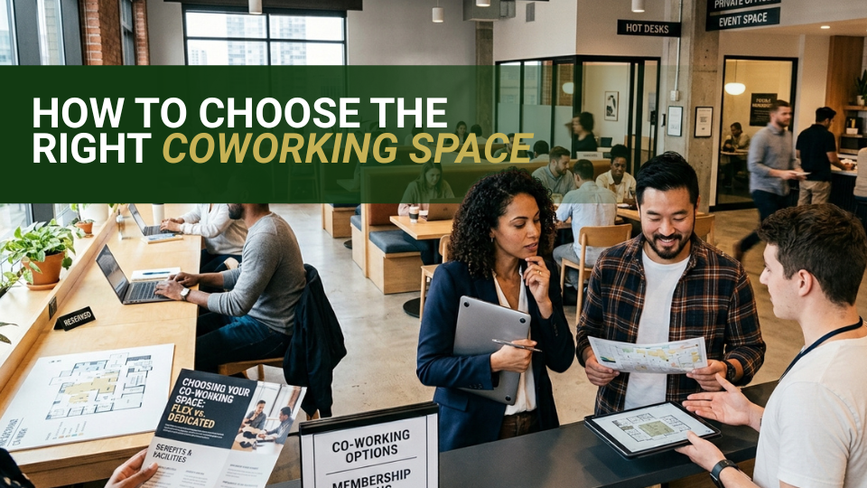 Barrister Suites Office Lease People in a modern coworking space talk and work at desks. Two people review documents while another works on a laptop. Text says, How to Choose the Right Coworking Space. The setting is bright and bustling.