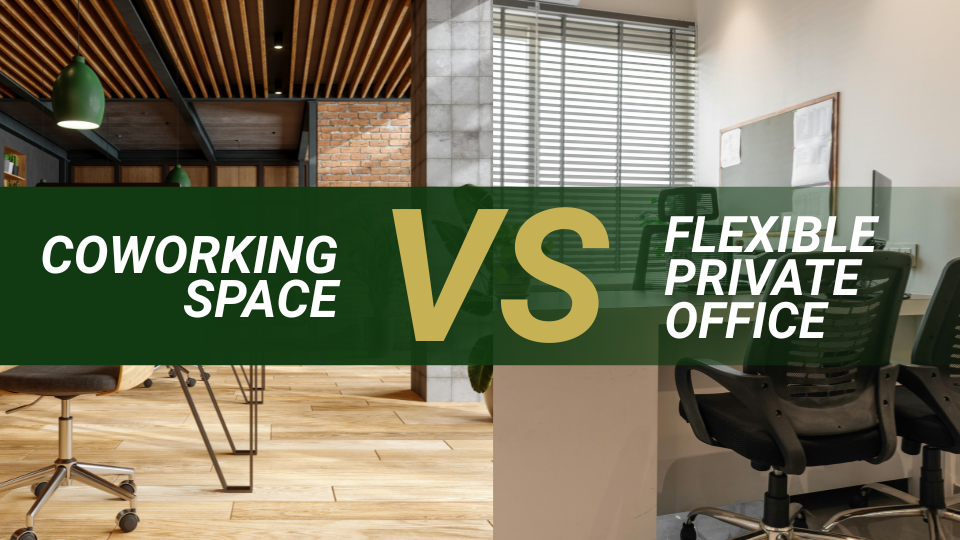 Barrister Suites Office Lease Split image comparing coworking space with shared desks and modern lighting on the left, and flexible private office with individual desks and chairs on the right. Green banner with Coworking Space VS Flexible Private Office text.