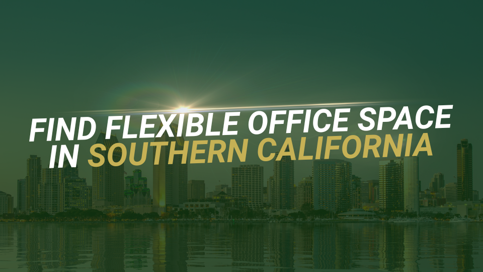 Barrister Suites Office Lease Text over a city skyline at sunrise reads: Find flexible office space in Southern California. Buildings reflect on calm water below.