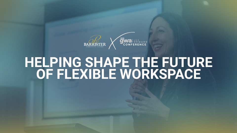 Barrister Suites Office Lease A woman speaks at a conference with the text Helping Shape the Future of Flexible Workspace and event logos displayed over her image.