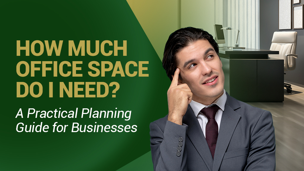Barrister Suites Office Lease A man in a suit looks thoughtful with a modern office in the background. Text reads, How much office space do I need? A practical planning guide for businesses..