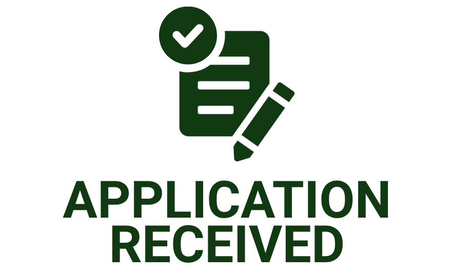 Barrister Suites Office Lease Green icon with a document, checkmark, and pencil above the words APPLICATION RECEIVED in bold green text on a light background.