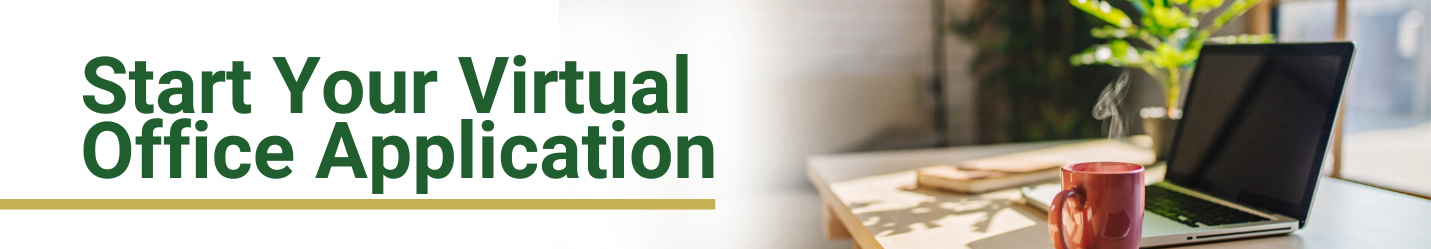 Barrister Suites Office Lease Text reads Start Your Virtual Office Application beside a workspace with a laptop, stacked notebooks, a red mug with steam, and a green plant in bright natural light.