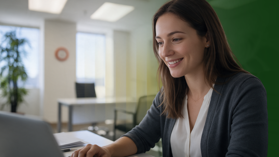 Barrister Suites Office Lease A woman with long brown hair smiles while working on a laptop in a bright, modern office with large windows and glass walls.