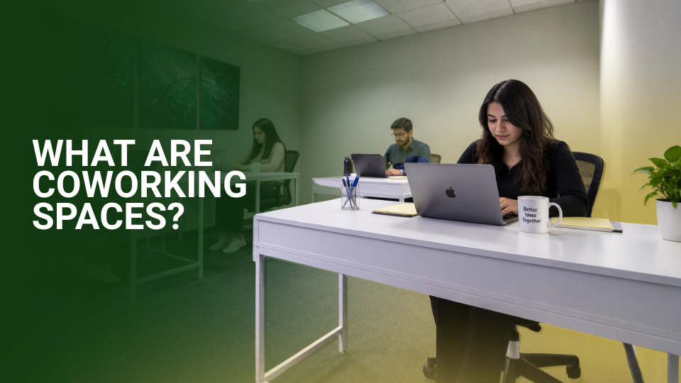 Barrister Suites Office Lease Three people work at separate desks in a modern office. Text on the left reads What are coworking spaces? The foreground features a woman typing on a laptop beside a coffee mug and plant.