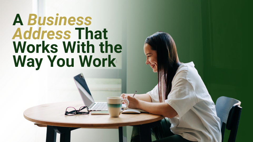 Barrister Suites Office Lease A woman smiles while working on a laptop at a round table with a coffee mug. Text reads, A Business Address That Works With the Way You Work on a green gradient background.