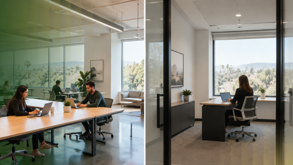 Barrister Suites Office Lease Two office scenes: on the left, people work at a shared table in an open space; on the right, a woman works alone at a desk in a private office with a large window.