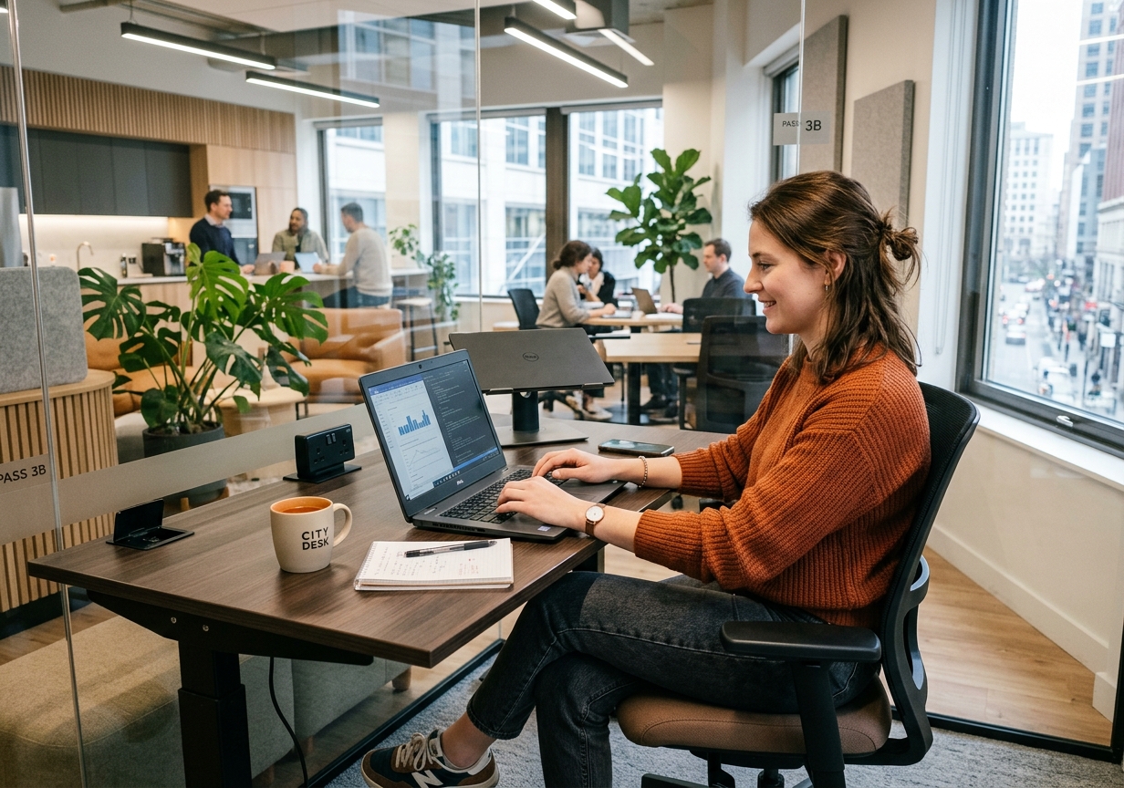 Barrister Suites Office Lease A woman in a rust sweater works on a laptop at a desk in a modern office with large windows. Others work and chat in the background. A mug, notepad, and plant are on her desk.