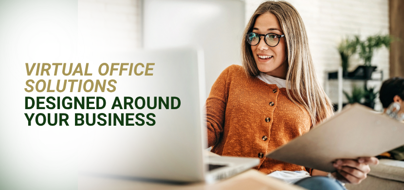 Barrister Suites Office Lease Smiling woman with glasses works on a laptop, holding paperwork. Text on left reads, Virtual Office Solutions Designed Around Your Business. Bright, modern office setting with another person blurred in the background.
