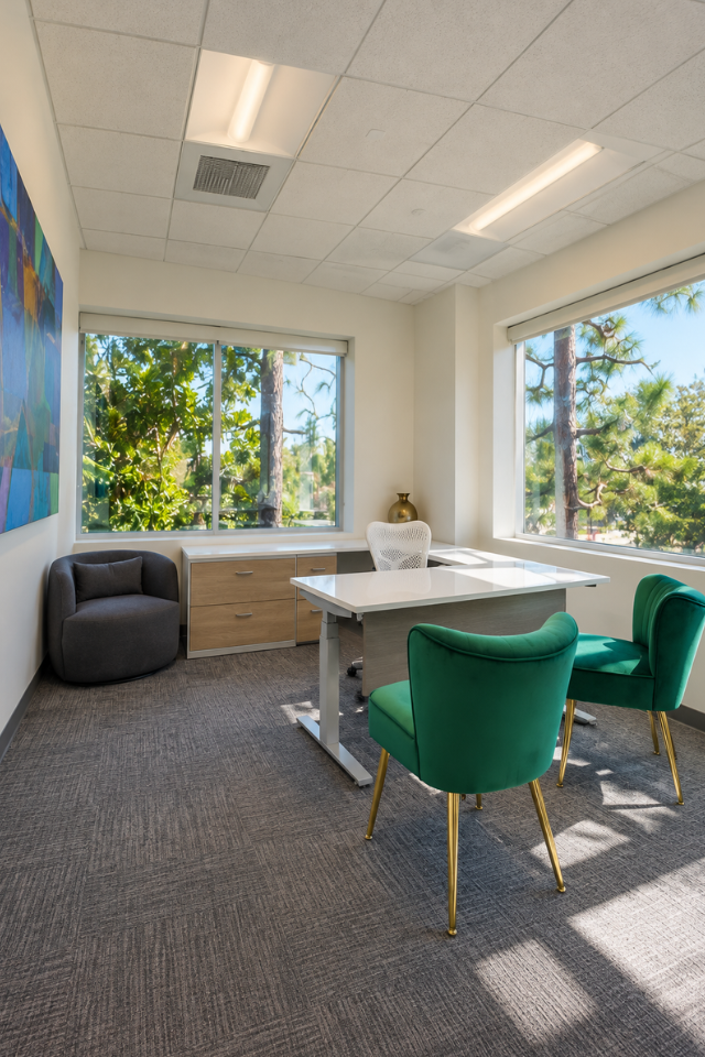 Barrister Suites Office Lease Modern office with a white desk, green chairs, gray armchair, abstract wall art, large windows, and trees visible outside. Bright, natural light fills the room.