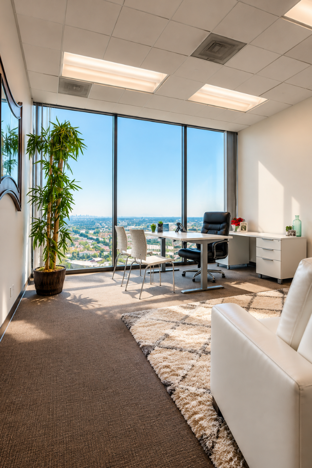 Barrister Suites Office Lease Modern office with a desk, chair, two guest chairs, a potted plant, and a large window overlooking a cityscape. Natural light fills the room, and there is a patterned rug and a white sofa in the foreground.