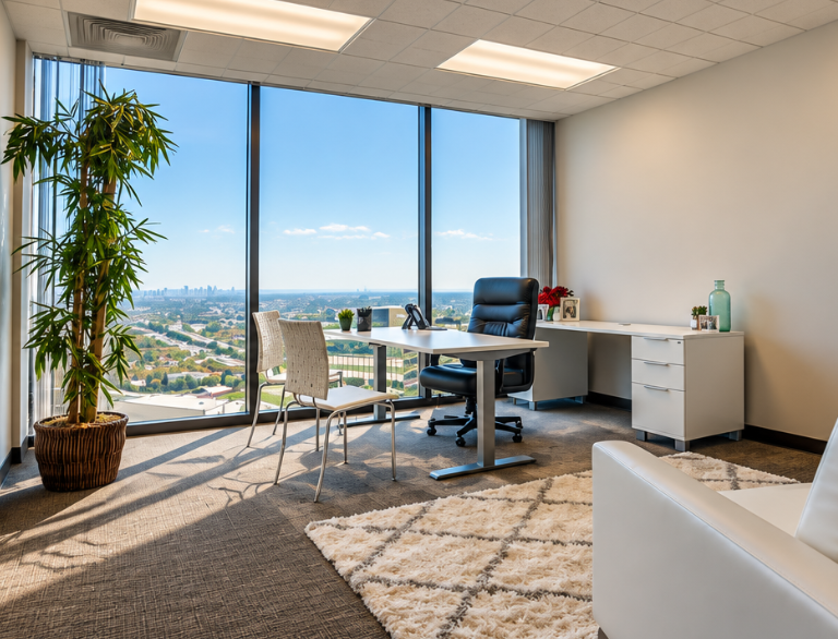 Barrister Suites Office Lease Modern office with large windows showing a cityscape, desk with chair, two guest chairs, potted plant, white rug, and side cabinet. Bright, clean, and professional atmosphere with lots of natural light.