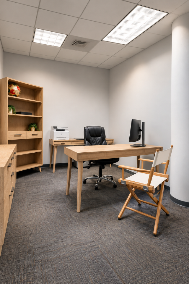 Barrister Suites Office Lease Modern office with wooden furniture, a black swivel chair, a directors chair, a desk with a monitor, a printer on a side table, and shelves with plants and a soccer ball against white walls and gray carpet.