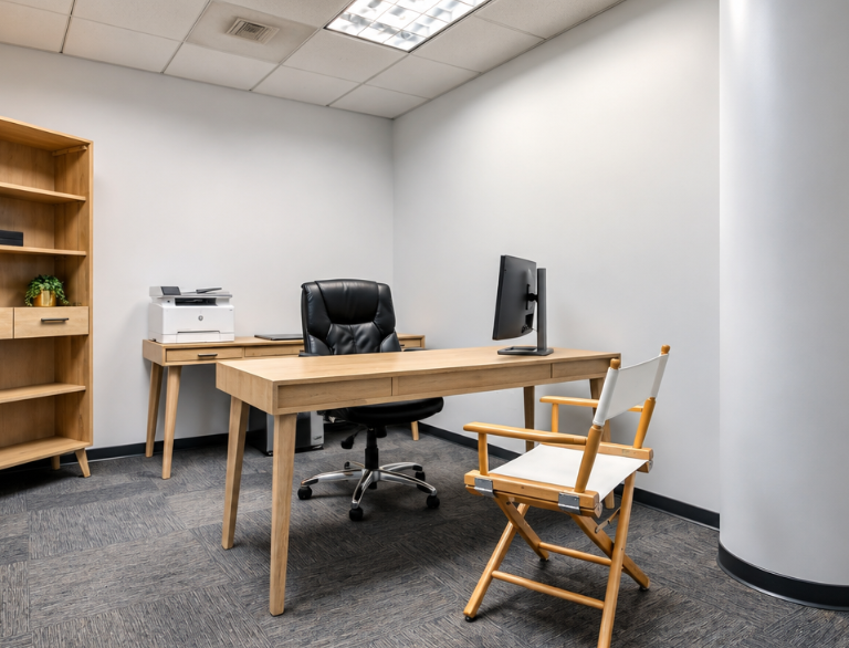 Barrister Suites Office Lease Modern office with two desks, a black office chair, a white directors chair, a computer monitor, a printer, and a wooden bookshelf in a room with grey carpet and white walls.
