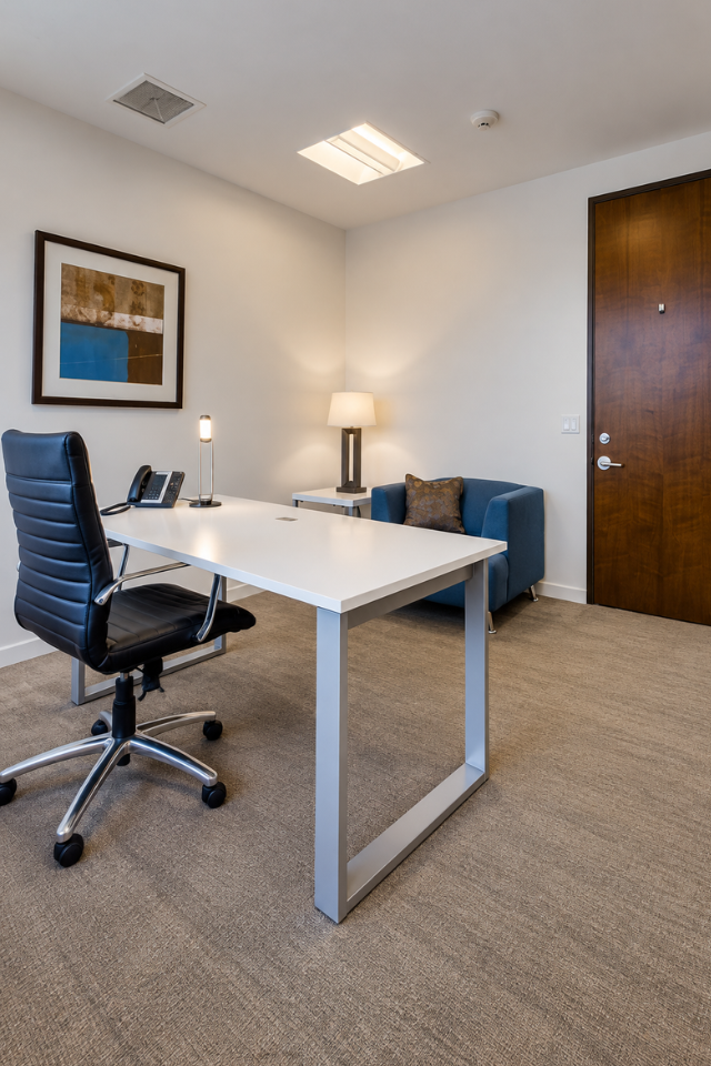Barrister Suites Office Lease Modern office with a white desk, black chair, phone, lamp, framed art, blue armchair, and a wooden door in a bright room with beige carpet.