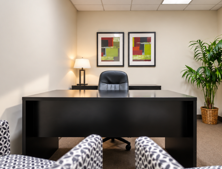 Barrister Suites Office Lease A modern office with a black desk, a black chair, two patterned guest chairs, a potted plant, a lamp, and two colorful abstract paintings on a beige wall.