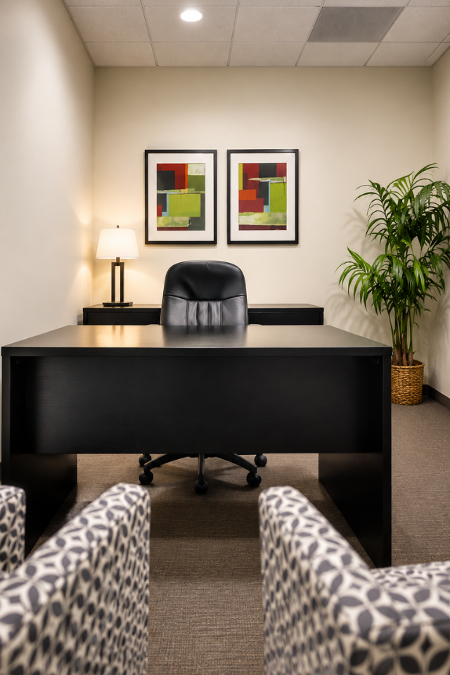 Barrister Suites Office Lease A modern office with a black desk and chair, two patterned guest chairs, a lamp, a potted plant, and two colorful abstract paintings on the wall.
