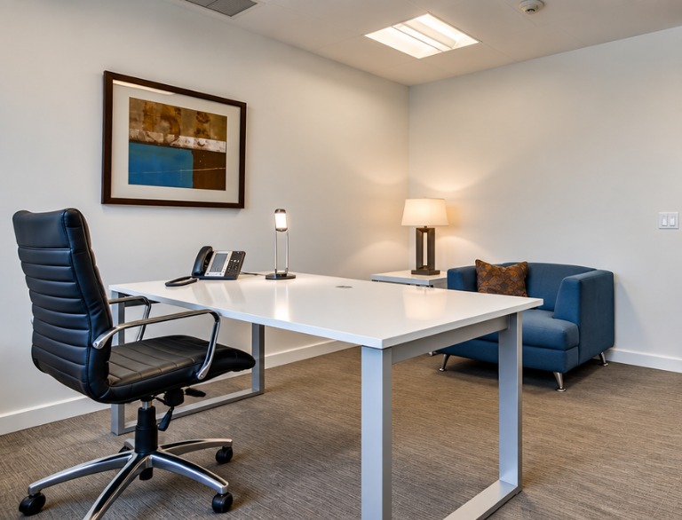 Barrister Suites Office Lease Modern office with a white desk, black chair, desk lamp, phone, and framed abstract art on the wall. A blue armchair and lamp sit in the corner on beige carpeted flooring.