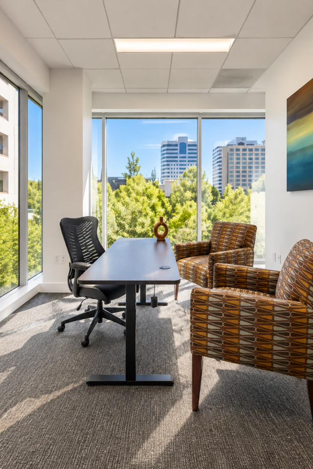 Barrister Suites Office Lease Modern office with a black desk, ergonomic chair, two patterned armchairs, large windows, city buildings, and green trees outside. Abstract art hangs on the wall.