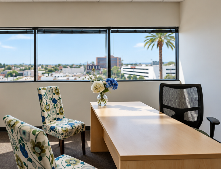 Barrister Suites Office Lease A modern office with a wooden desk, mesh chair, two floral upholstered chairs, and a vase of flowers. Large windows show a cityscape with buildings and a palm tree under a clear blue sky.