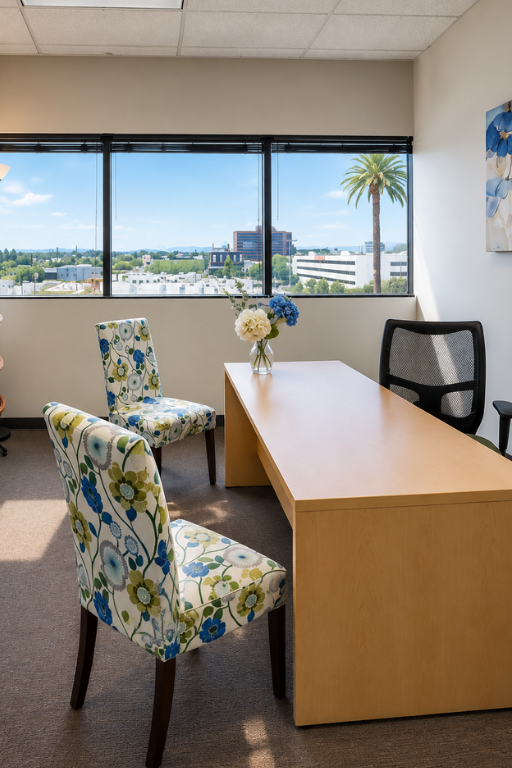 Barrister Suites Office Lease Modern office with a wooden desk, mesh chair, and two floral-upholstered chairs. A vase with flowers sits on the desk. Large windows show a cityscape, palm tree, and blue sky in the background.