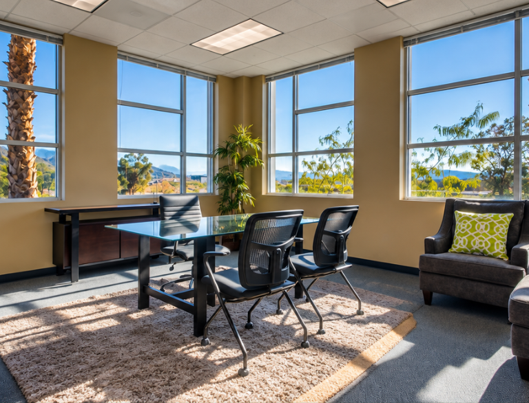 Barrister Suites Office Lease Modern office with a glass desk, three black chairs, a side table, and a gray armchair on a beige rug. Large windows let in natural light and show trees and mountains outside.