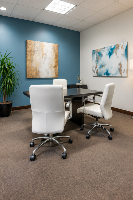 Barrister Suites Office Lease Modern office with three white chairs around a dark table, blue accent wall with abstract art, beige carpet, a potted plant, and soft lighting creating a professional, inviting atmosphere.