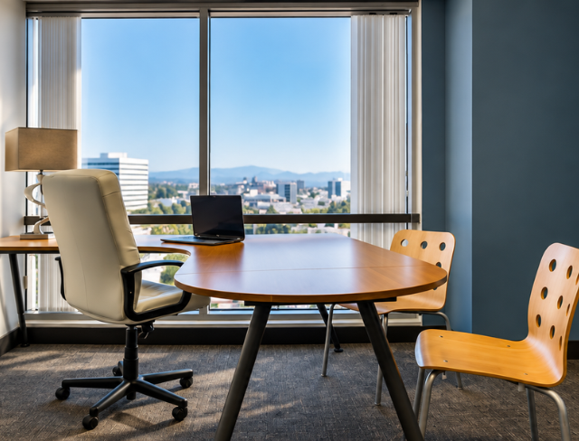 Barrister Suites Office Lease Modern office with a desk, two wooden chairs, an office chair, a laptop, and a lamp. Large window shows a cityscape and mountains in the background on a clear day.