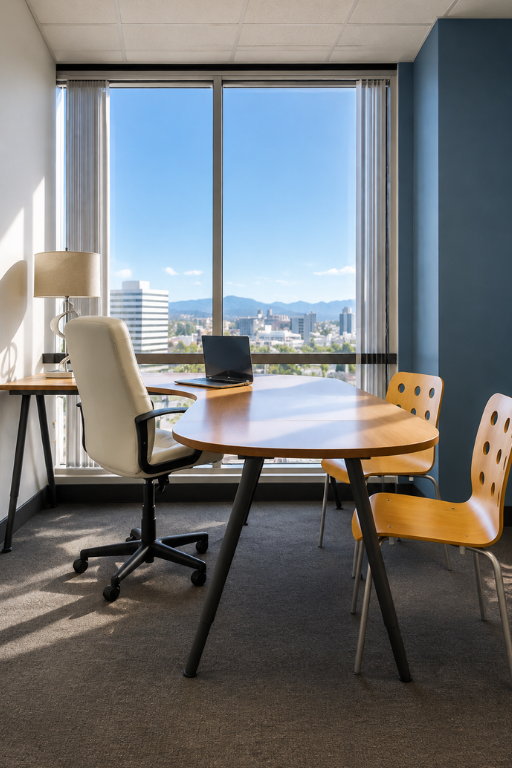 Barrister Suites Office Lease Modern office with a desk, white office chair, two wooden chairs, a laptop, lamp, and large window showing a cityscape with mountains in the background on a clear day.