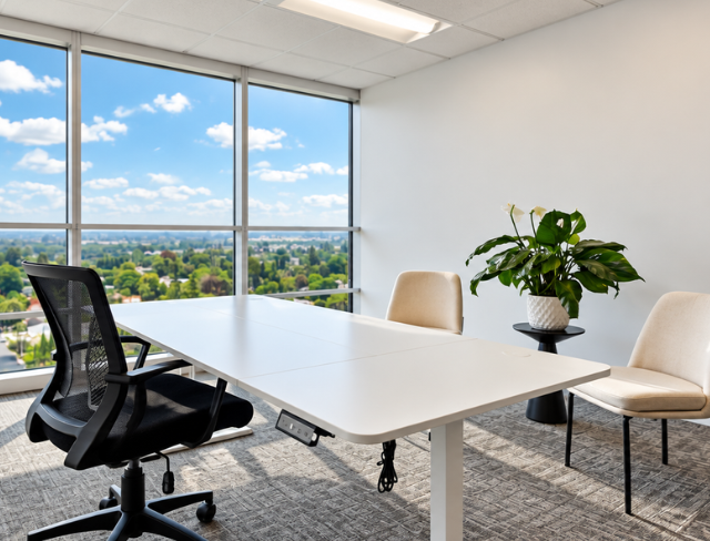 Barrister Suites Office Lease A modern office with a white table, black chair, two cream chairs, a plant on a small table, large windows, and a city view under a blue sky with clouds.