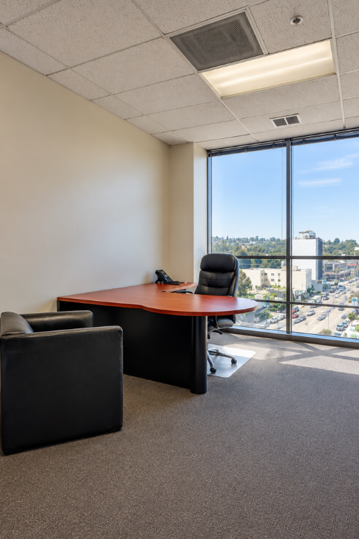Barrister Suites Office Lease Modern office with large window, L-shaped wooden desk, black office chair, phone, and black guest chair. City view with buildings and cars visible outside. Neutral walls and carpeted floor.
