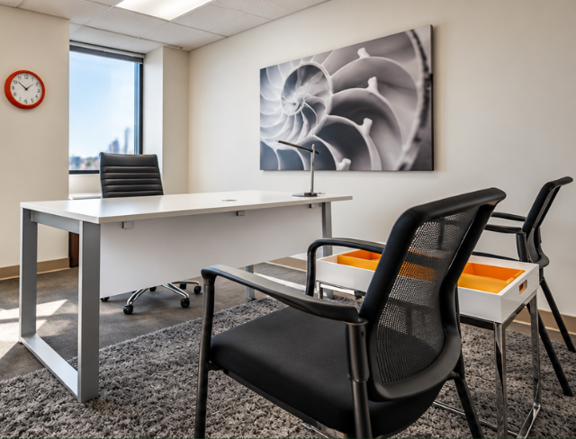 Barrister Suites Office Lease Modern office with a white desk, black chair, two guest chairs, desk lamp, abstract wall art, window with city view, red clock, and gray rug on the floor.