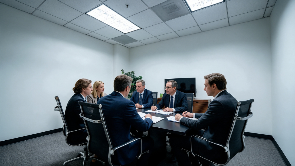 Barrister Suites Office Lease Six people in business attire sit around a conference table in a modern office, engaged in a meeting. Papers and pens are on the table, and a TV is mounted on the wall in the background.