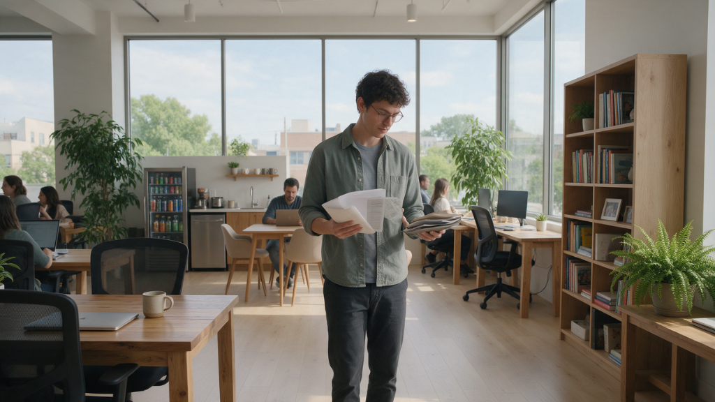 Barrister Suites Office Lease A man holding papers and a tablet stands in a bright, modern office with large windows, wooden desks, bookshelves, and several people working in the background.
