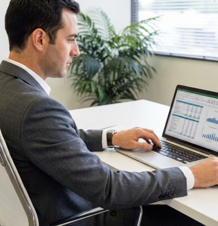 Barrister Suites Office Lease A man in a suit sits at a desk, working on a laptop displaying charts and graphs. A plant and large window are in the background.