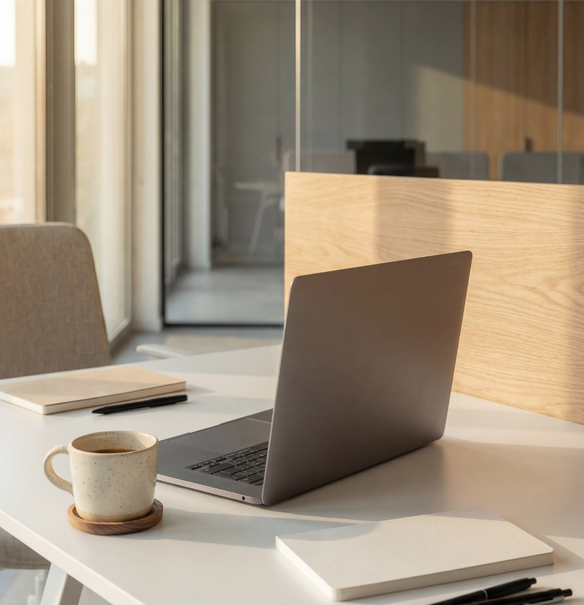 Barrister Suites Office Lease A laptop, coffee cup, notebook, and pen sit on a white desk in a sunlit modern office with glass walls and light wood accents.