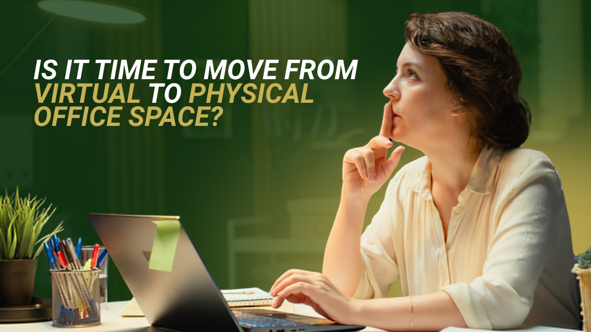 Barrister Suites Office Lease A woman sitting at a desk with a laptop, looking thoughtful with her finger to her lips, overlaid with the text: Is it time to move from virtual to physical office space?.