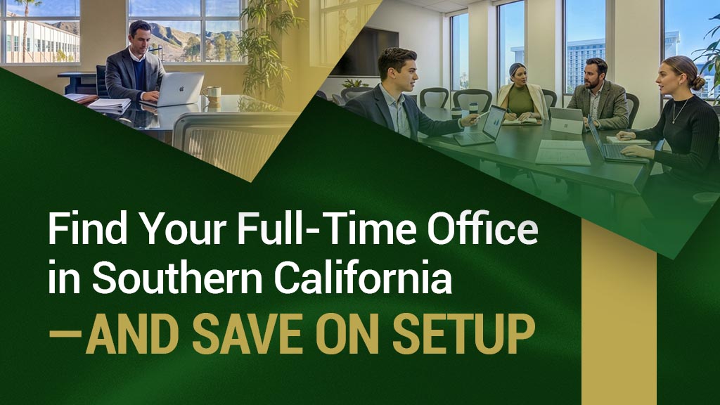 Barrister Suites Office Lease Text reads: Find Your Full-Time Office in Southern California — AND SAVE ON SETUP, accompanied by images of professionals working in an office.