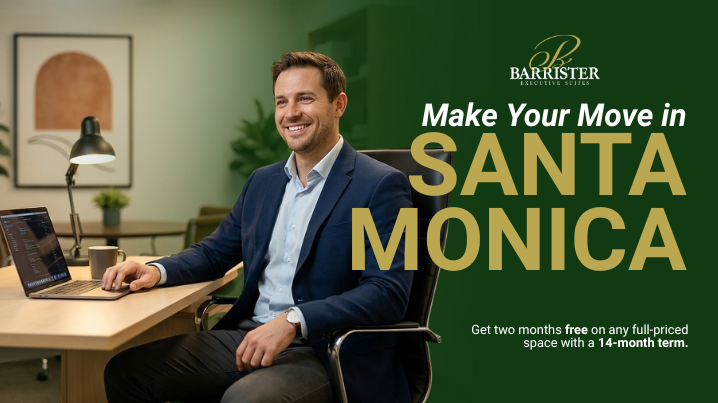 Barrister Suites Office Lease A smiling man in a suit sits at a desk with a laptop, next to text promoting Barrister Executive Suites in Santa Monica and an offer for two months free with a 14-month term.