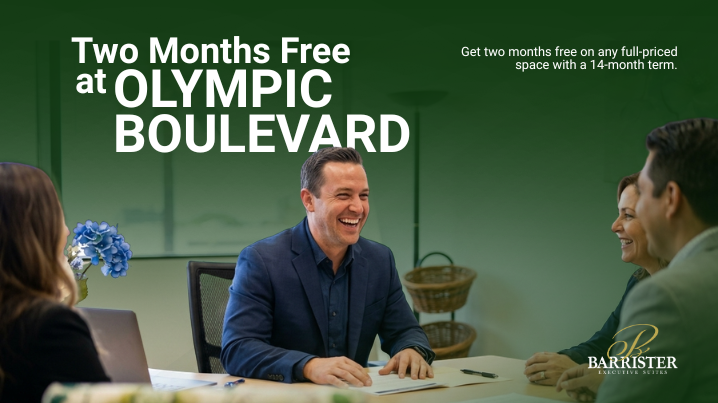 Barrister Suites Office Lease Three professionals laughing during a meeting at Barrister Executive Suites, with text offering two months free at Olympic Boulevard with a 14-month term.