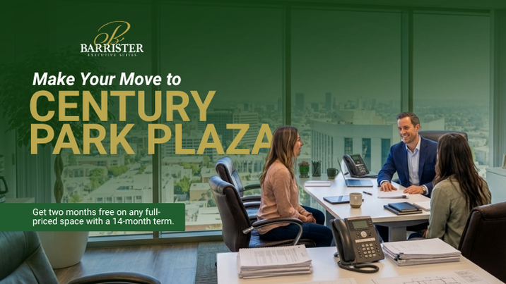 Barrister Suites Office Lease A man and two women sit at a conference table for a meeting, with text overlay promoting two months free on a 14-month lease at Century Park Plaza.