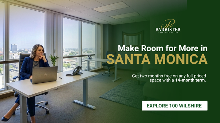 Barrister Suites Office Lease A woman sits at a desk in a modern office with floor-to-ceiling windows, advertising Barrister Executive Suites with the text Make Room for More in SANTA MONICA and an offer of two months free with a 14-month term.