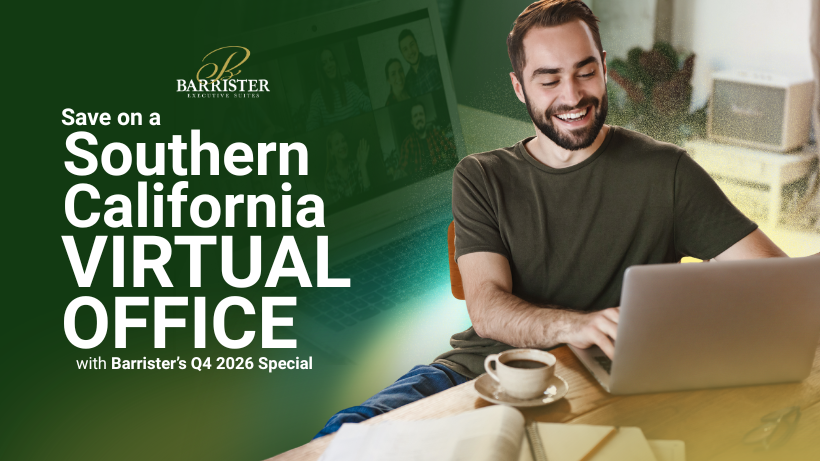 Barrister Suites Office Lease A man smiling while using a laptop at a desk, with text reading Save on a Southern California VIRTUAL OFFICE with Barristers Q4 2026 Special.