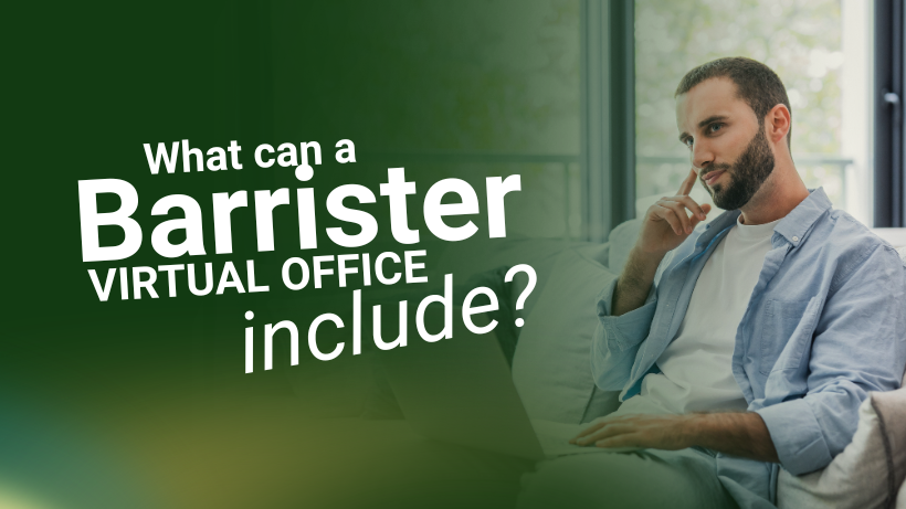 Barrister Suites Office Lease A man with a beard sits on a sofa using a laptop, with text overlay reading What can a Barrister VIRTUAL OFFICE include?.